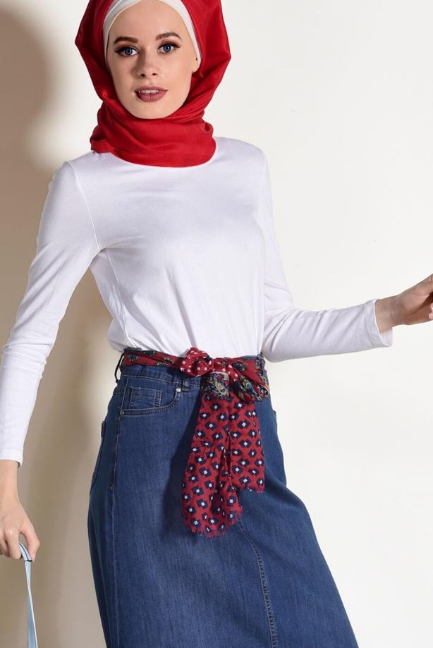 Tesettür giyim  T 7002 Telvin-Kuşak Detaylı  Denim Etek - TRENDTESETTÜR
