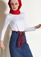 Tesettür giyim LACİVERT T 7002 Telvin-Kuşak Detaylı  Denim Etek