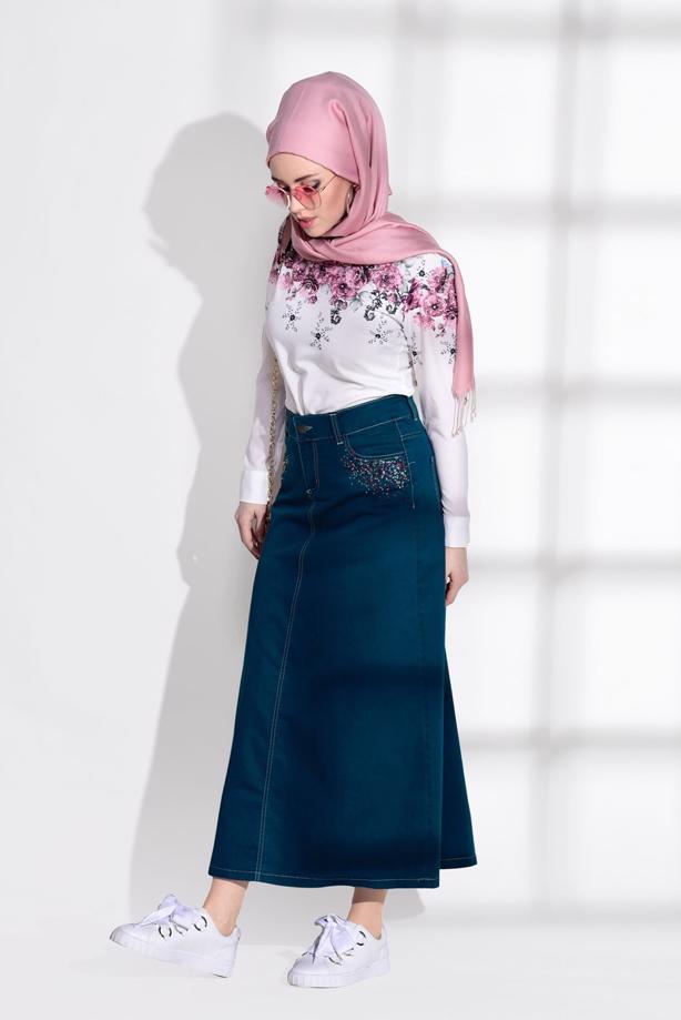 Tesettür giyim  T 7012 Telvin-İşleme Detaylı Spor Etek - TRENDTESETTÜR