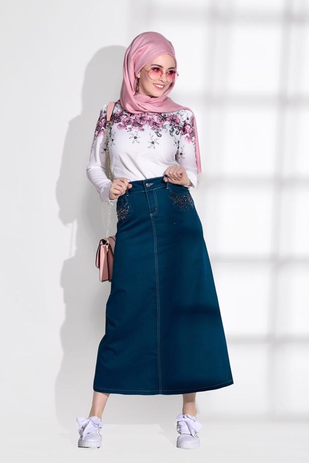 Tesettür giyim  T 7012 Telvin-İşleme Detaylı Spor Etek - TRENDTESETTÜR