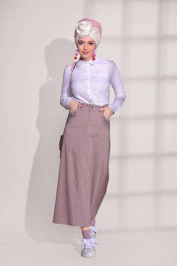 Tesettür giyim  T 7012 Telvin-İşleme Detaylı Spor Etek - TRENDTESETTÜR