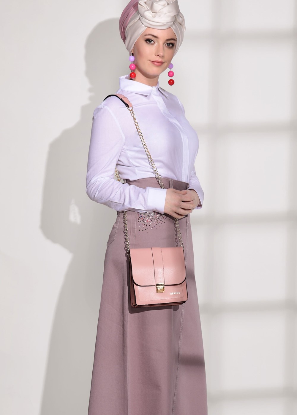 Tesettür giyim PEMBE T 7012 Telvin-İşleme Detaylı Spor Etek