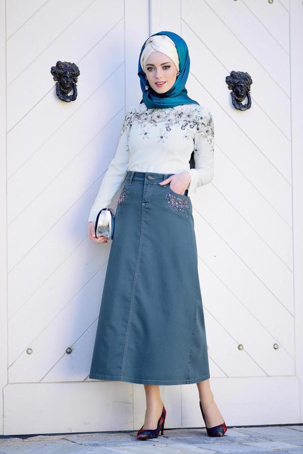 Tesettür giyim  T 7012 Telvin-İşleme Detaylı Spor Etek - TRENDTESETTÜR