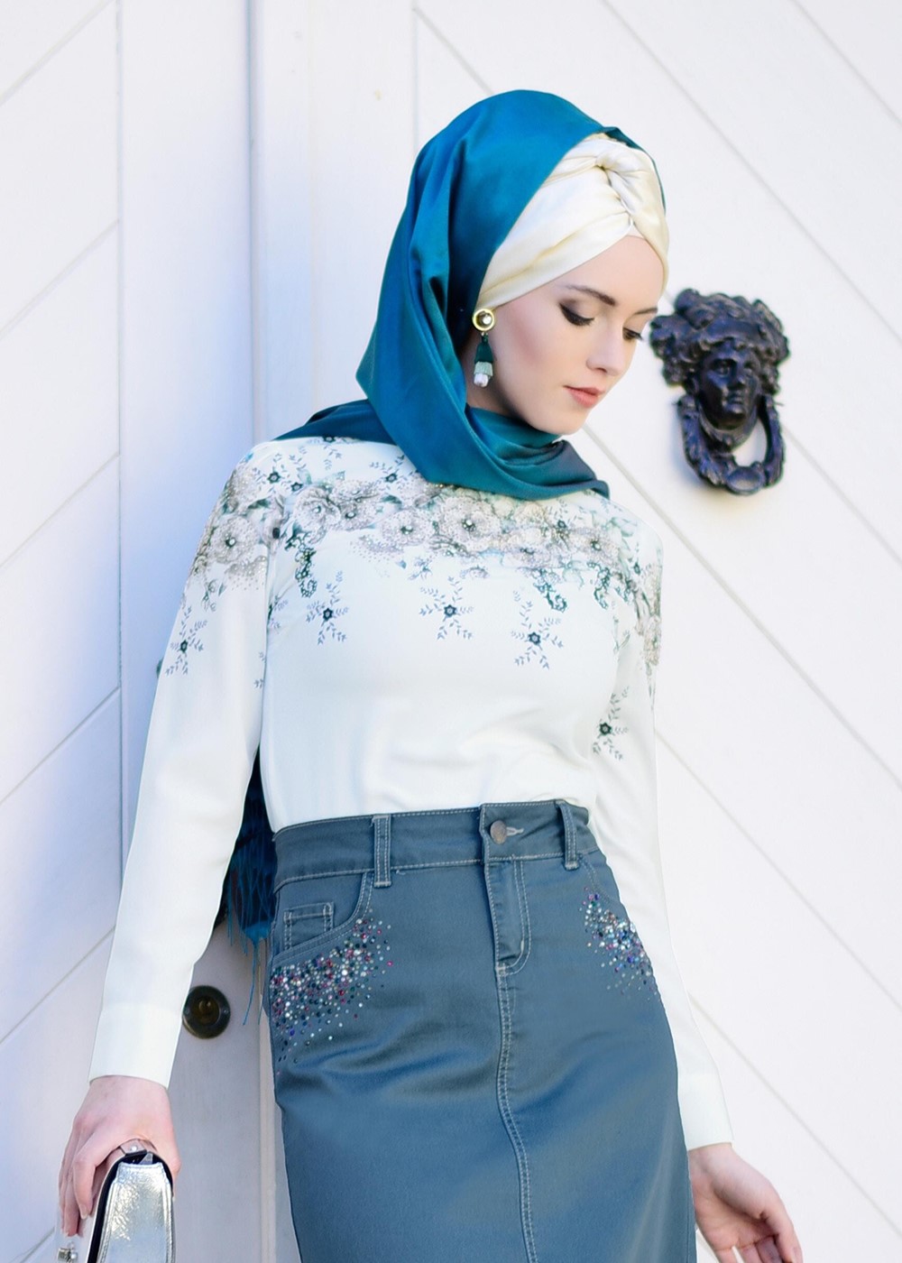 Tesettür giyim MAVİ T 7012 Telvin-İşleme Detaylı Spor Etek