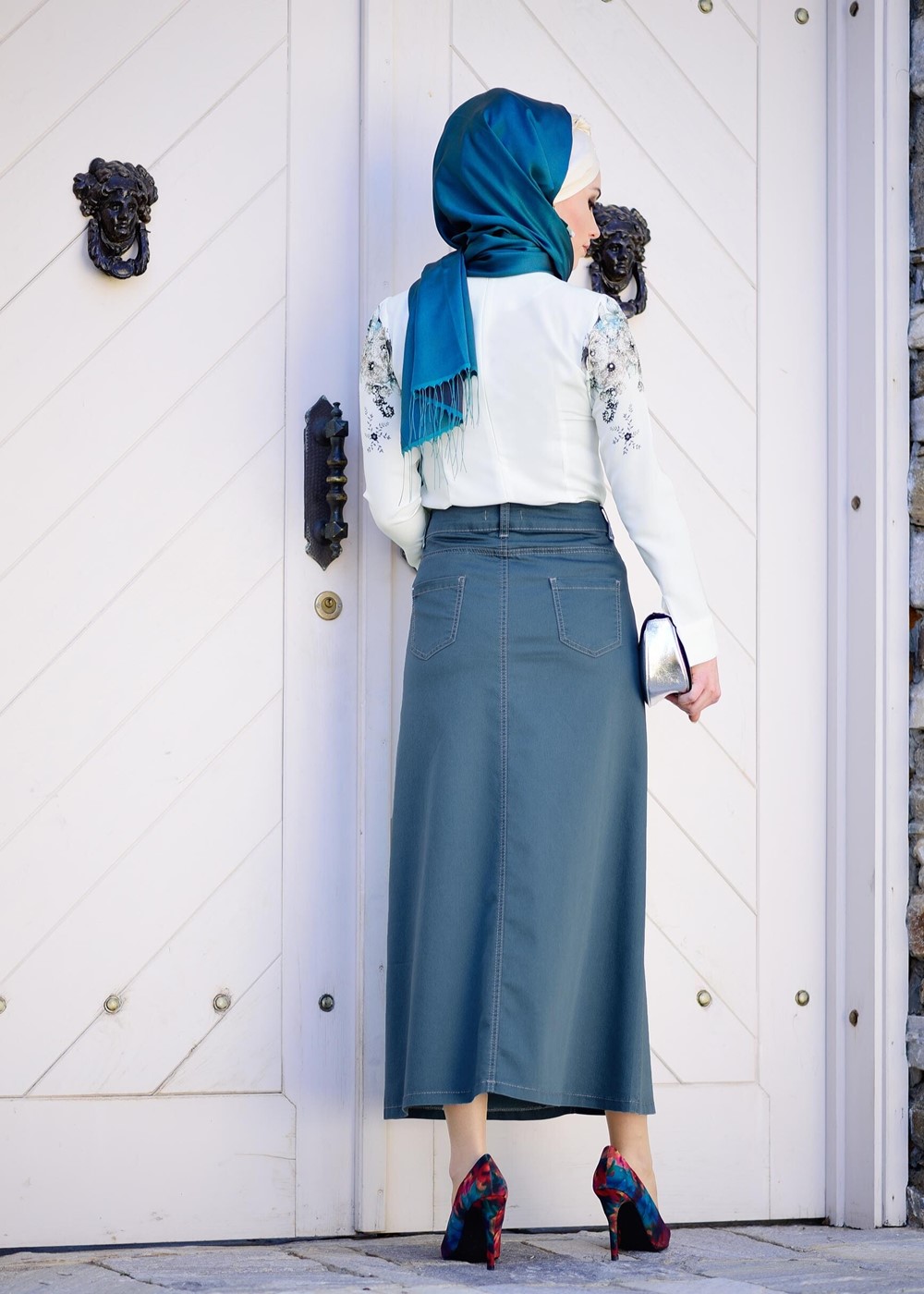 Tesettür giyim MAVİ T 7012 Telvin-İşleme Detaylı Spor Etek