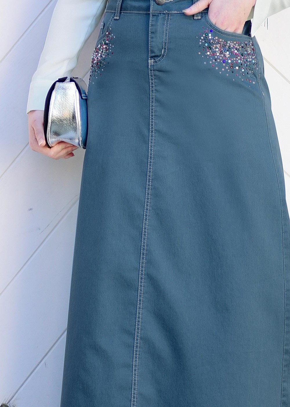 Tesettür giyim MAVİ T 7012 Telvin-İşleme Detaylı Spor Etek