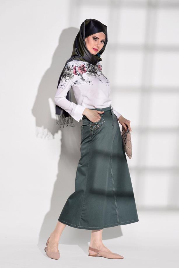 Tesettür giyim  T 7012 Telvin-İşleme Detaylı Spor Etek - TRENDTESETTÜR