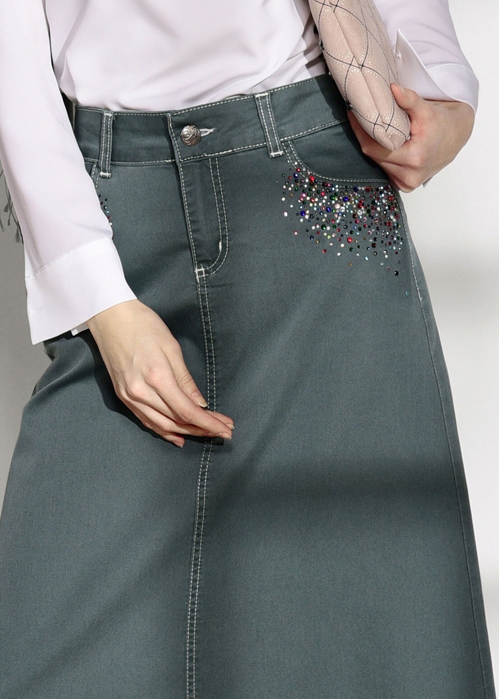 Tesettür giyim YEŞİL T 7012 Telvin-İşleme Detaylı Spor Etek