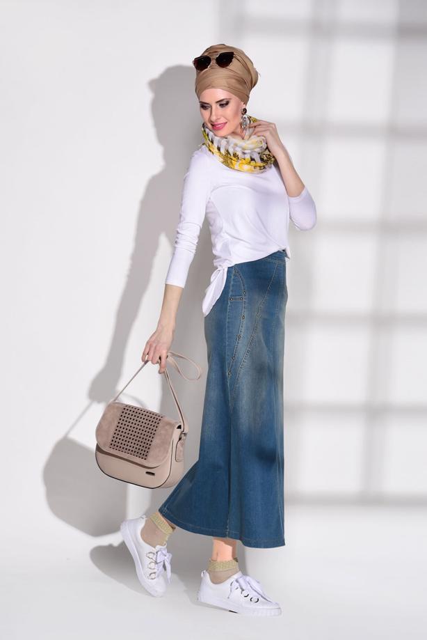 Tesettür giyim  T 7091 Telvin-Zımba Detaylı Denim Etek - TRENDTESETTÜR