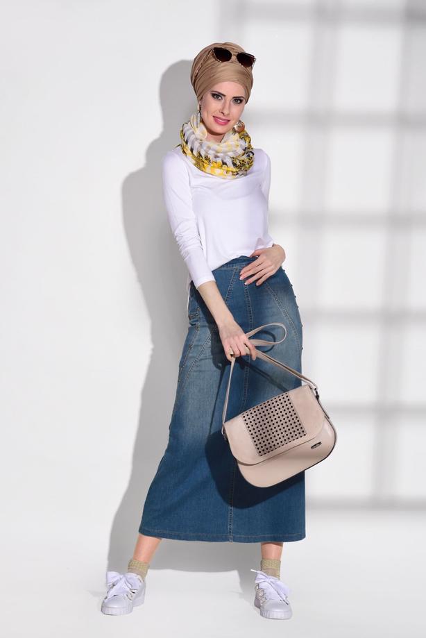 Tesettür giyim  T 7091 Telvin-Zımba Detaylı Denim Etek - TRENDTESETTÜR