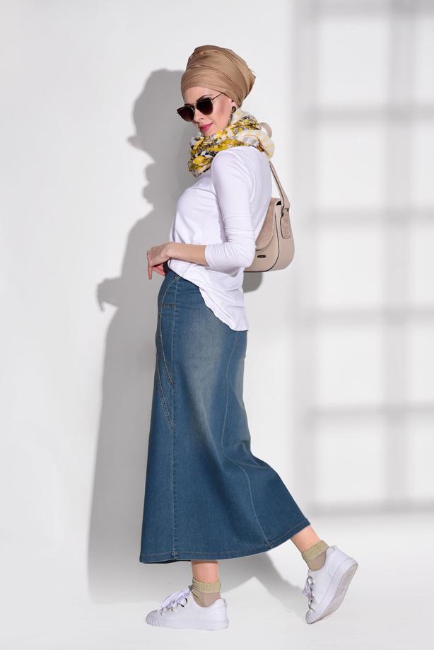 Tesettür giyim  T 7091 Telvin-Zımba Detaylı Denim Etek - TRENDTESETTÜR