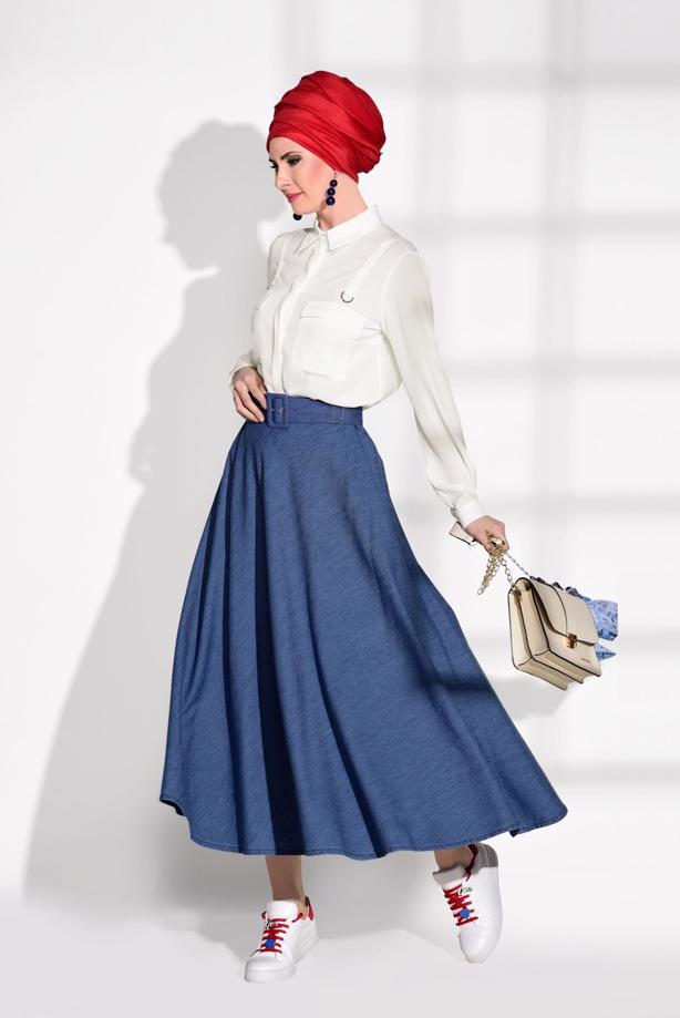 Tesettür giyim  T 7623 Magazin-Kemer Detaylı Denim Etek - TRENDTESETTÜR