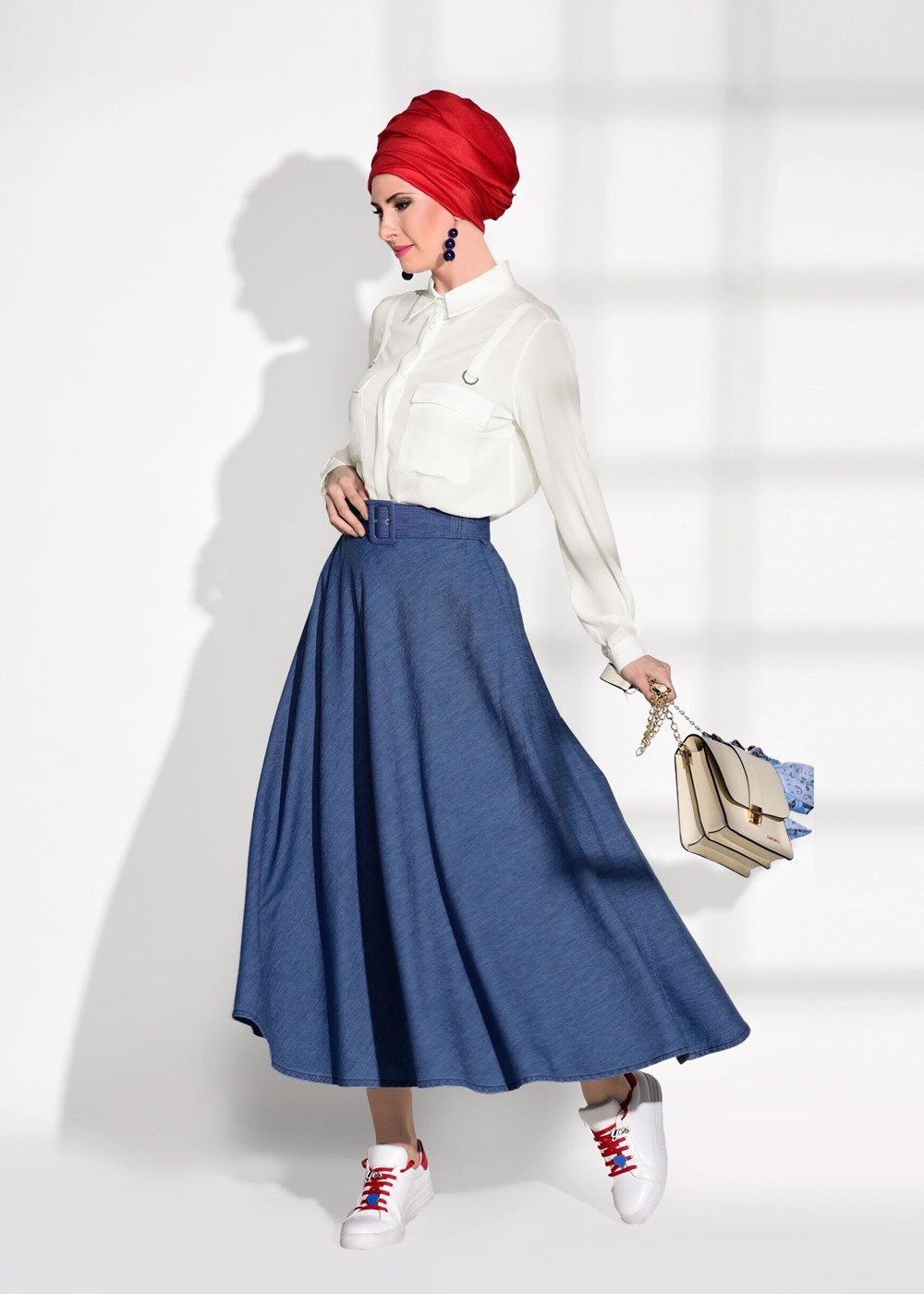 Tesettür giyim LACİVERT T 7623 Magazin-Kemer Detaylı Denim Etek