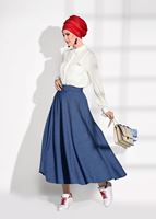 Tesettür giyim LACİVERT T 7623 Magazin-Kemer Detaylı Denim Etek