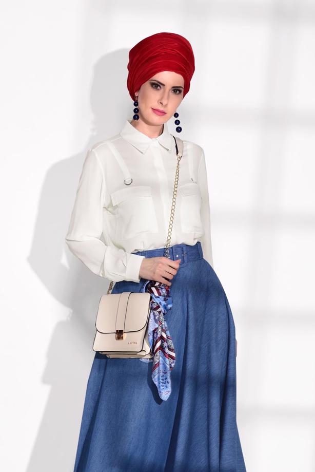 Tesettür giyim  T 7623 Magazin-Kemer Detaylı Denim Etek - TRENDTESETTÜR