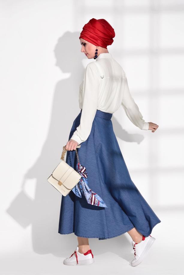 Tesettür giyim  T 7623 Magazin-Kemer Detaylı Denim Etek - TRENDTESETTÜR