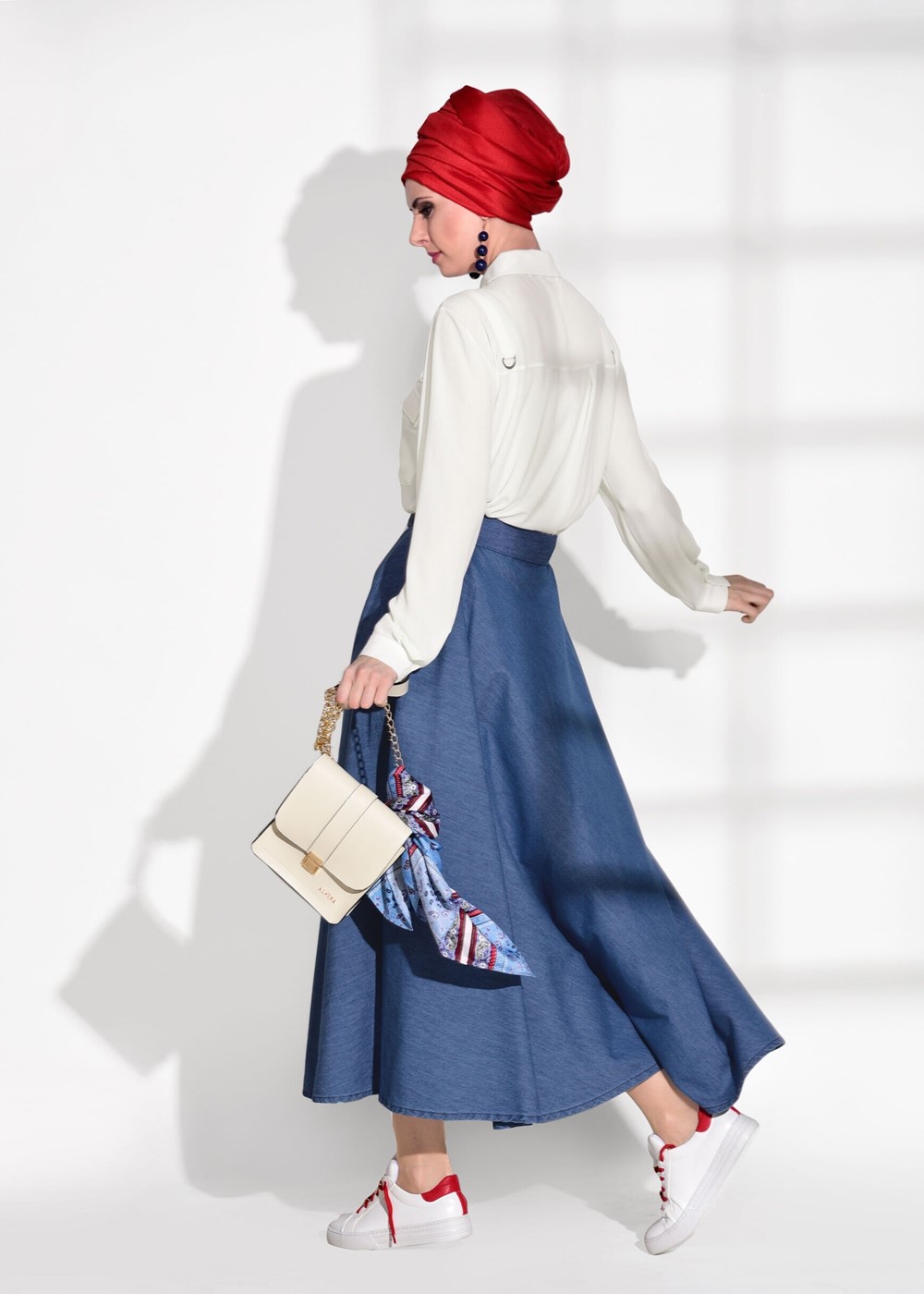 Tesettür giyim LACİVERT T 7623 Magazin-Kemer Detaylı Denim Etek