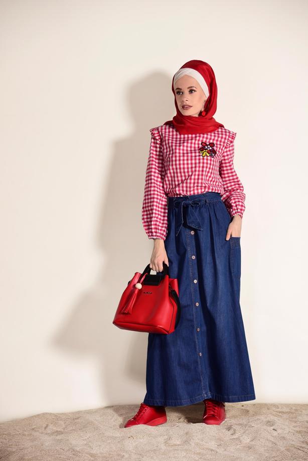 Tesettür giyim  DÜĞMELİ CEP DETAYLI DENİM ETEK 8991  - TRENDTESETTÜR
