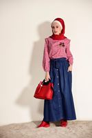 Tesettür giyim LACİVERT DÜĞMELİ CEP DETAYLI DENİM ETEK 8991 