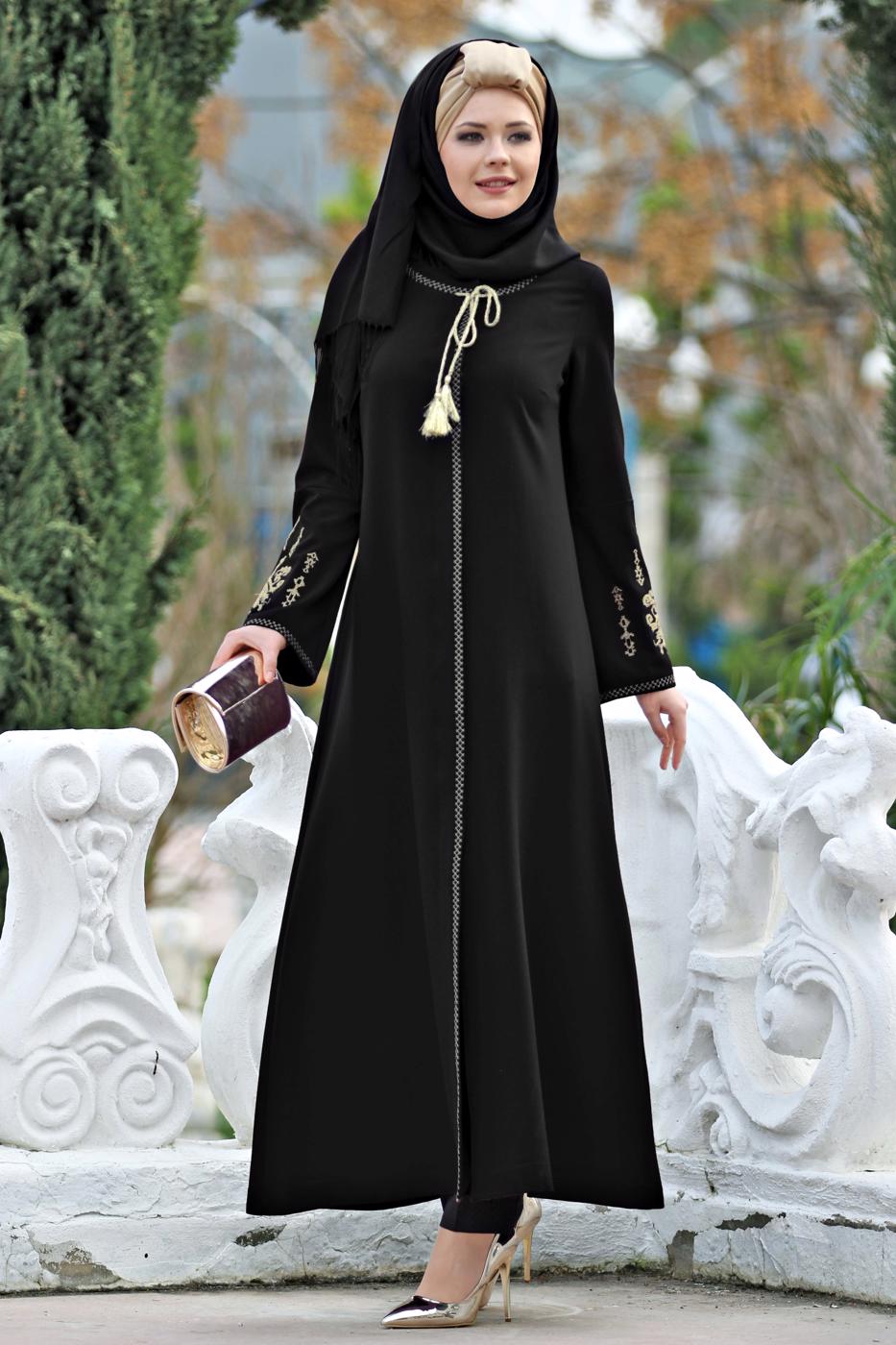 Hijab clothing BLACK EMBROIDERY DETAIL TOPCOAT T 7962 