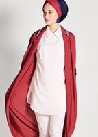 Tesettür giyim KIRMIZI ŞERİT DETAYLI UZUN HIRKA 85571 