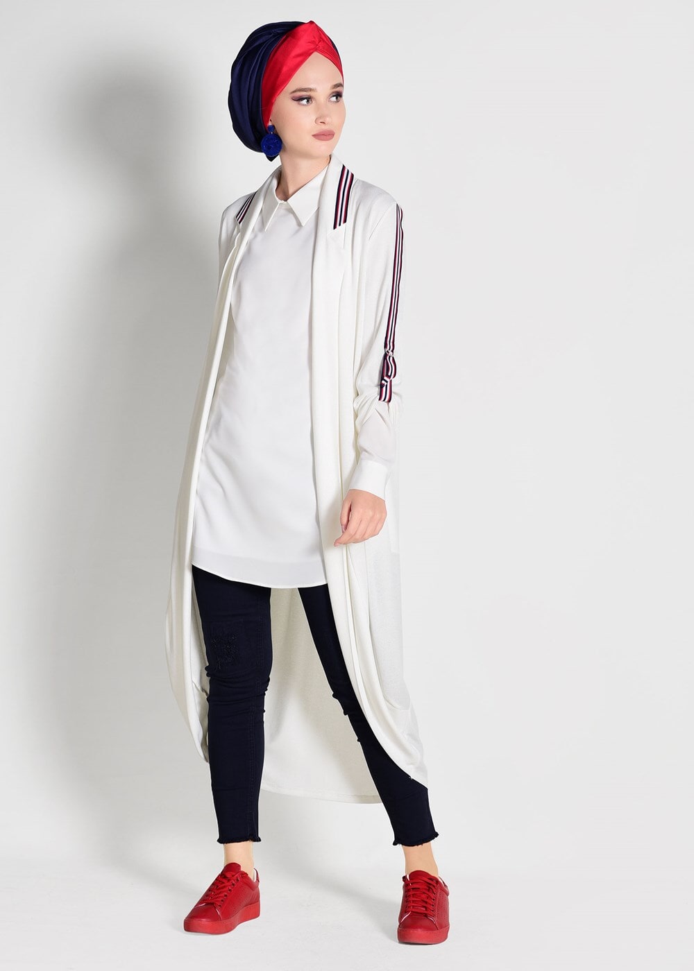 Tesettür giyim EKRU ŞERİT DETAYLI UZUN HIRKA 85571 