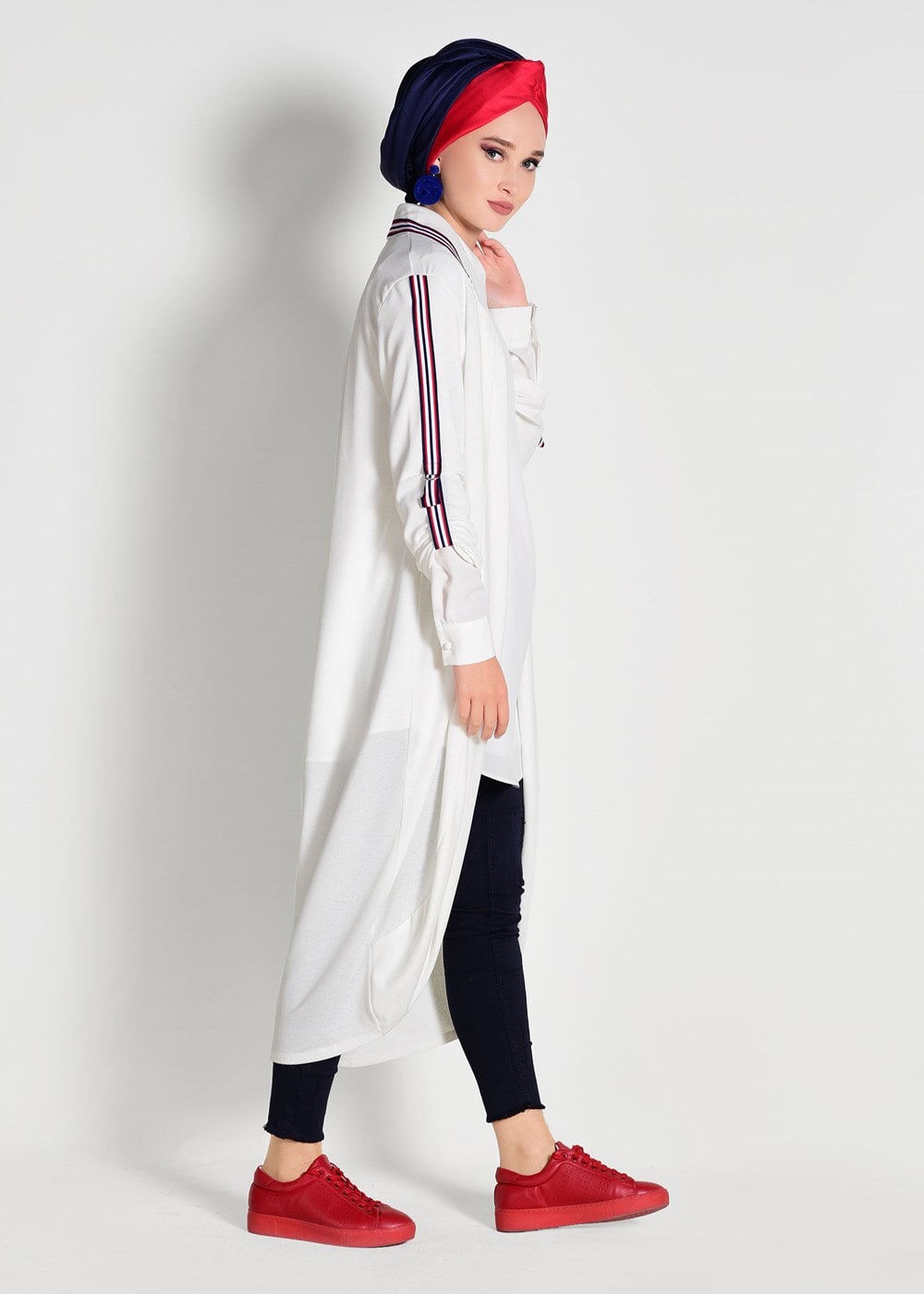 Tesettür giyim EKRU ŞERİT DETAYLI UZUN HIRKA 85571 