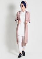 Tesettür giyim PUDRA ŞERİT DETAYLI UZUN HIRKA 85571 