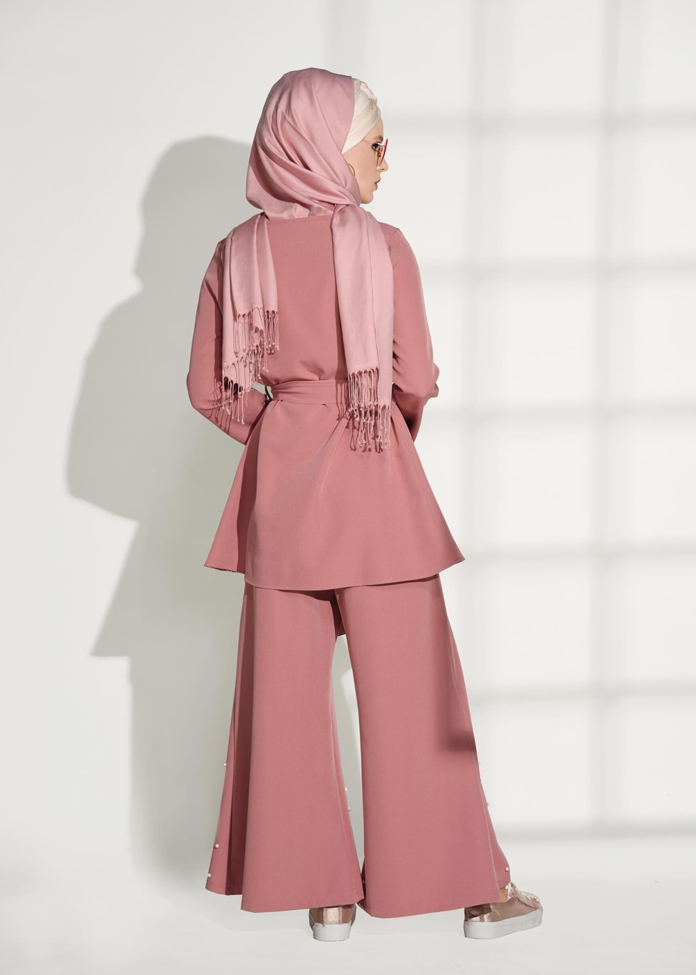 Tesettür giyim PUDRA T 8209 ModaBu- İncili Kuşaklı Takım