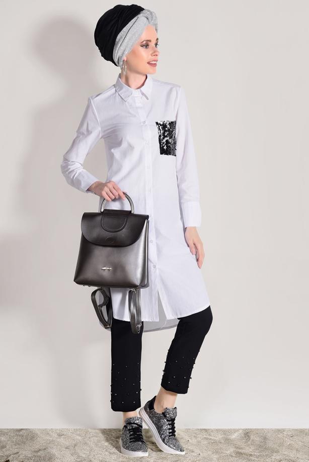 Tesettür giyim  T 7209 Aynaz- Boncuk İşlemeli Dar Paça Pantolon - TRENDTESETTÜR