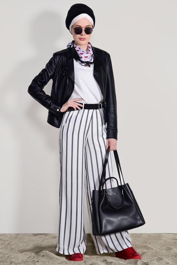 Tesettür giyim  ÇİZGİLİ KEMERLİ PANTOLON 0796  - TRENDTESETTÜR