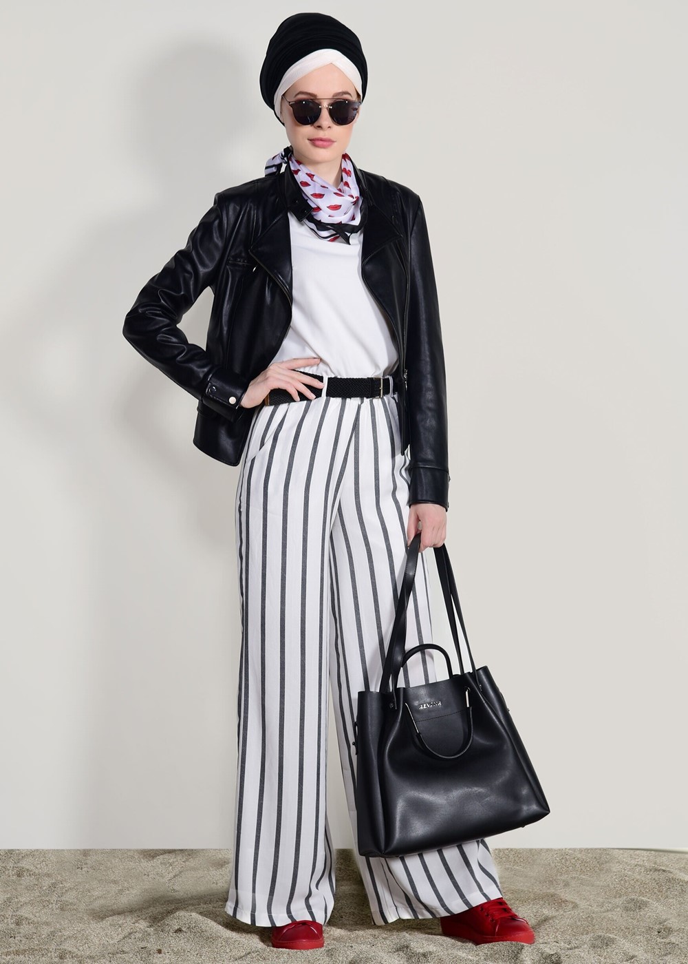 Vêtements hijab NOIR PANTALON CEINTURE À RAYURES 0796