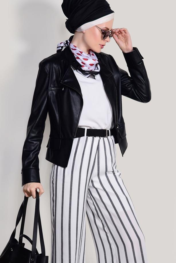 Tesettür giyim  ÇİZGİLİ KEMERLİ PANTOLON 0796  - TRENDTESETTÜR