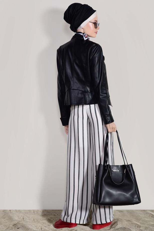 Tesettür giyim  ÇİZGİLİ KEMERLİ PANTOLON 0796  - TRENDTESETTÜR