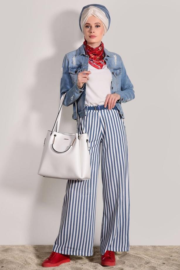 Tesettür giyim  ÇİZGİLİ KEMERLİ PANTOLON 0796  - TRENDTESETTÜR