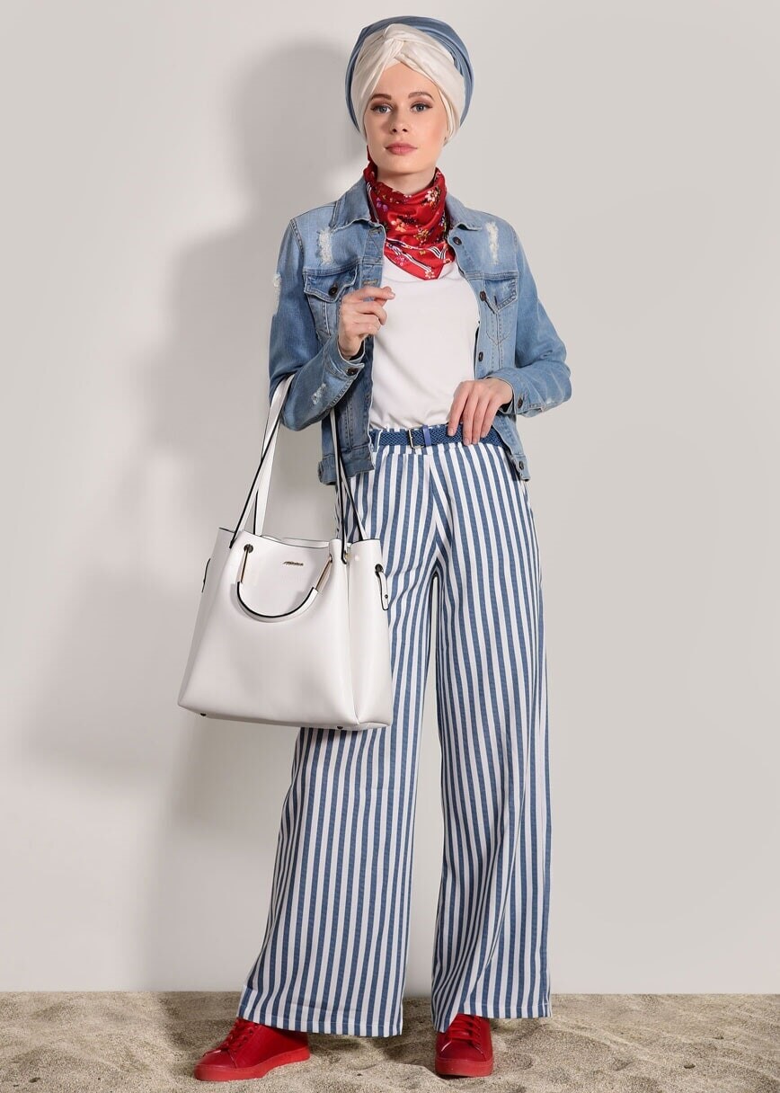 Hijab clothing CREAM STRIPED BELTED PANTS 0796 