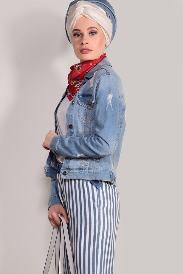 Tesettür giyim  ÇİZGİLİ KEMERLİ PANTOLON 0796  - TRENDTESETTÜR