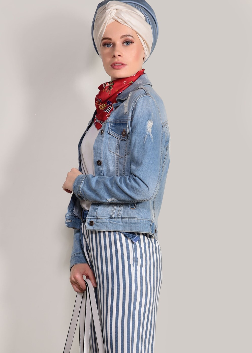 Hijab clothing CREAM STRIPED BELTED PANTS 0796 