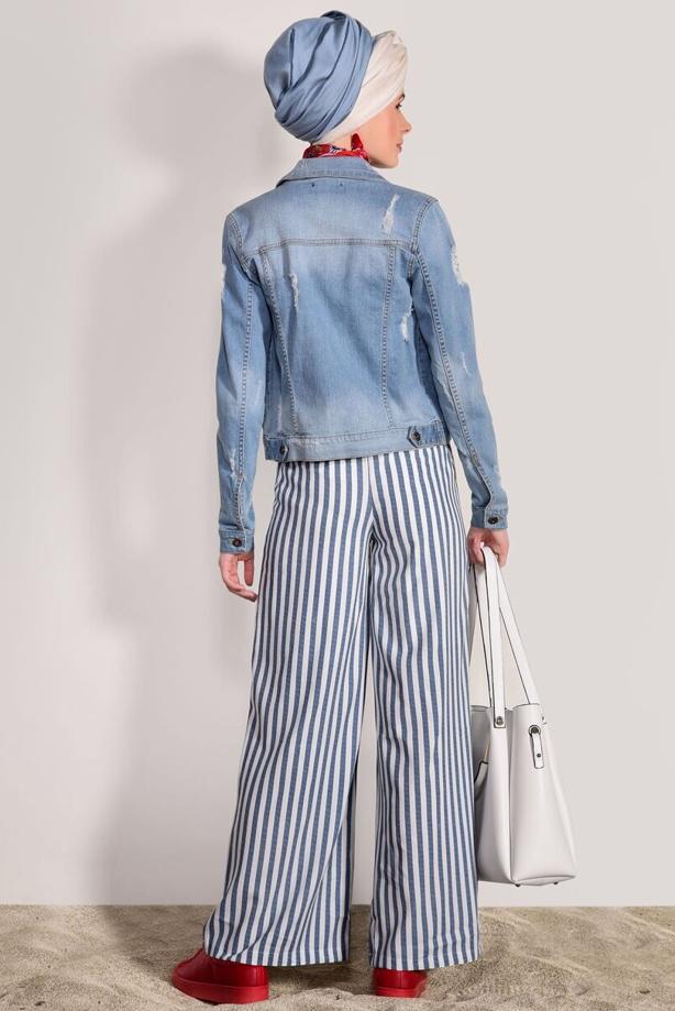 Tesettür giyim  ÇİZGİLİ KEMERLİ PANTOLON 0796  - TRENDTESETTÜR