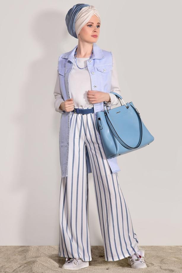 Tesettür giyim  ÇİZGİLİ KEMERLİ PANTOLON 0796  - TRENDTESETTÜR