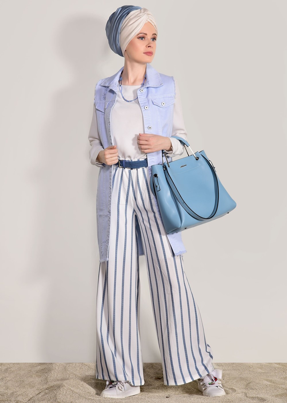 Hijab clothing NAVY BLUE STRIPED BELTED PANTS 0796 