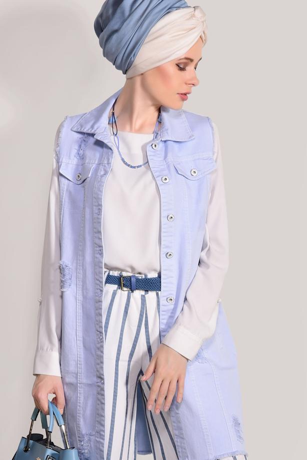 Tesettür giyim  ÇİZGİLİ KEMERLİ PANTOLON 0796  - TRENDTESETTÜR