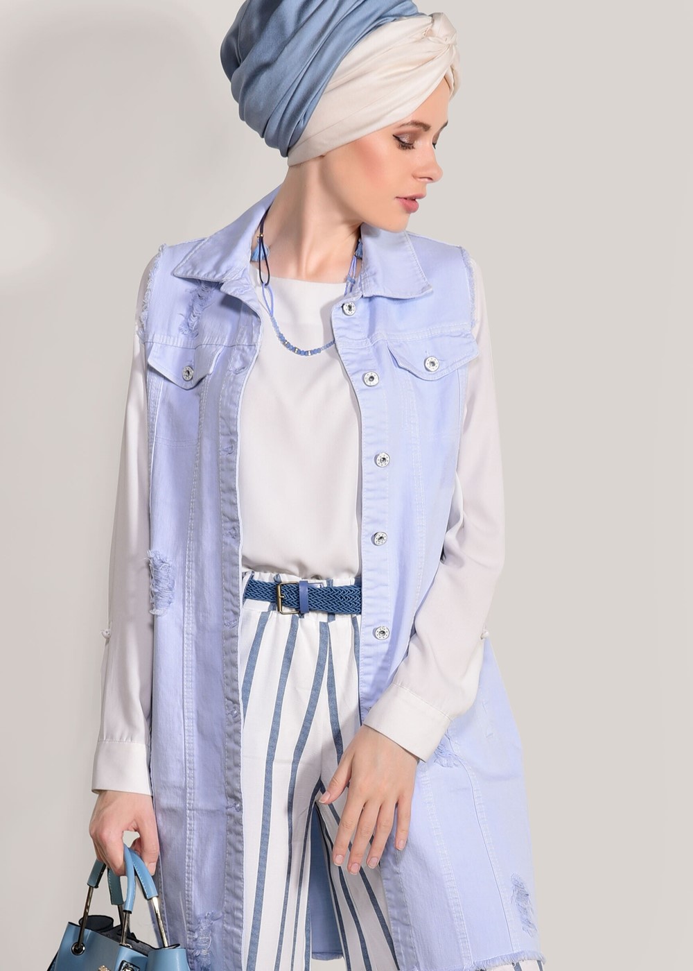 Tesettür giyim LACİVERT ÇİZGİLİ KEMERLİ PANTOLON 0796 