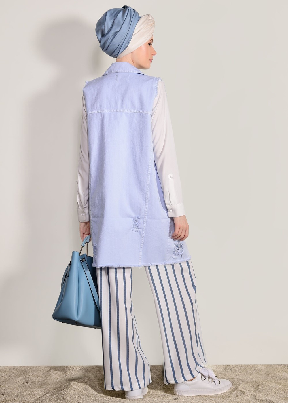 Hijab clothing NAVY BLUE STRIPED BELTED PANTS 0796 