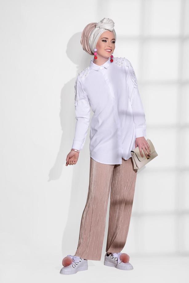 Hijab-Kleidung  T 1204 Pr Collection- Pilise Detaylı Krep Pantolon - TRENDTESETTÜR