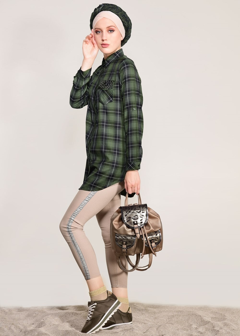 Tesettür giyim VİZON SİM ŞERİTLİ DAR PAÇA PANTOLON 3409