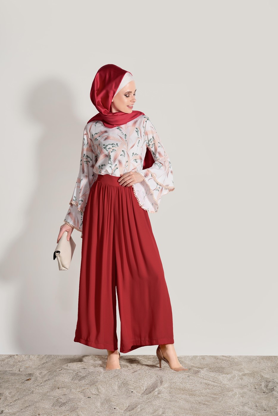 Tesettür giyim KIRMIZI T 6964 Mısra- Salaş Pantolon