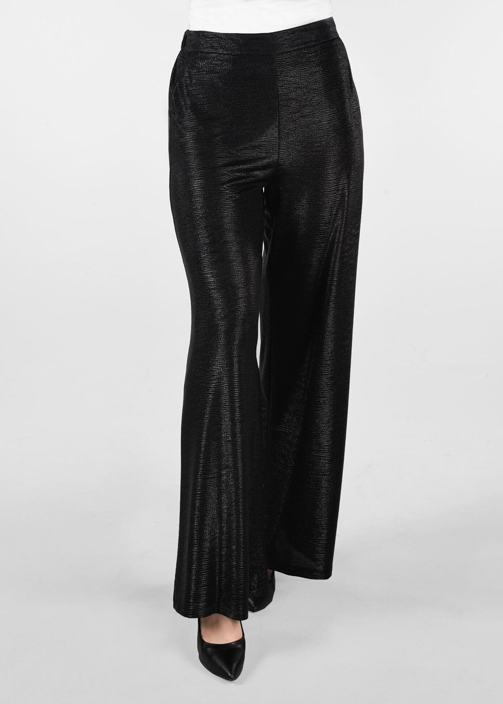 Tesettür giyim SİYAH BELİ LASTİKLİ PARLAK KUMAŞ BOL PAÇA PANTOLON 7334