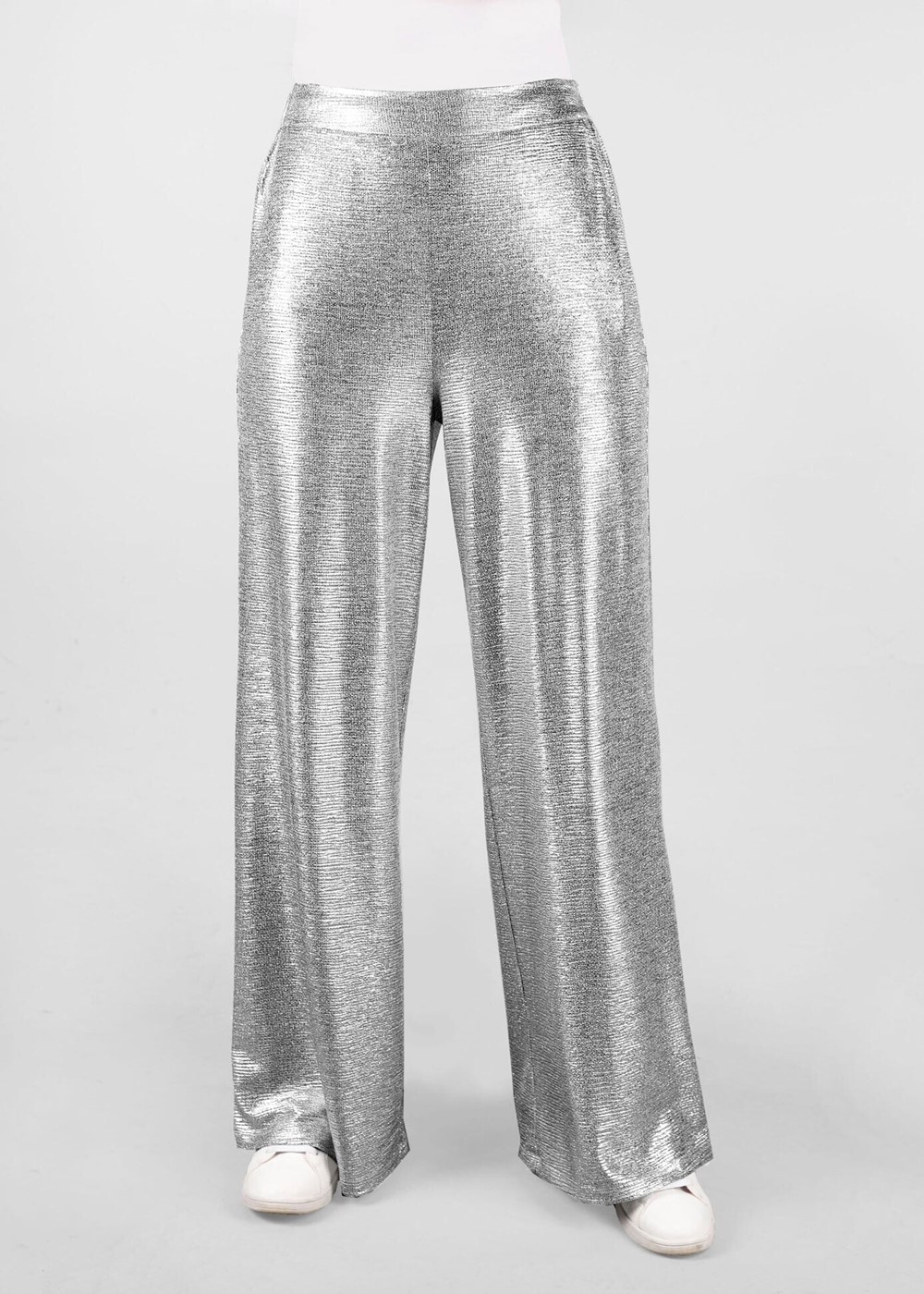 Tesettür giyim GÜMÜŞ BELİ LASTİKLİ PARLAK KUMAŞ BOL PAÇA PANTOLON 7334