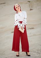 Tesettür giyim KIRMIZI T 7454 Mısra- Pilise Detaylı Pantolon